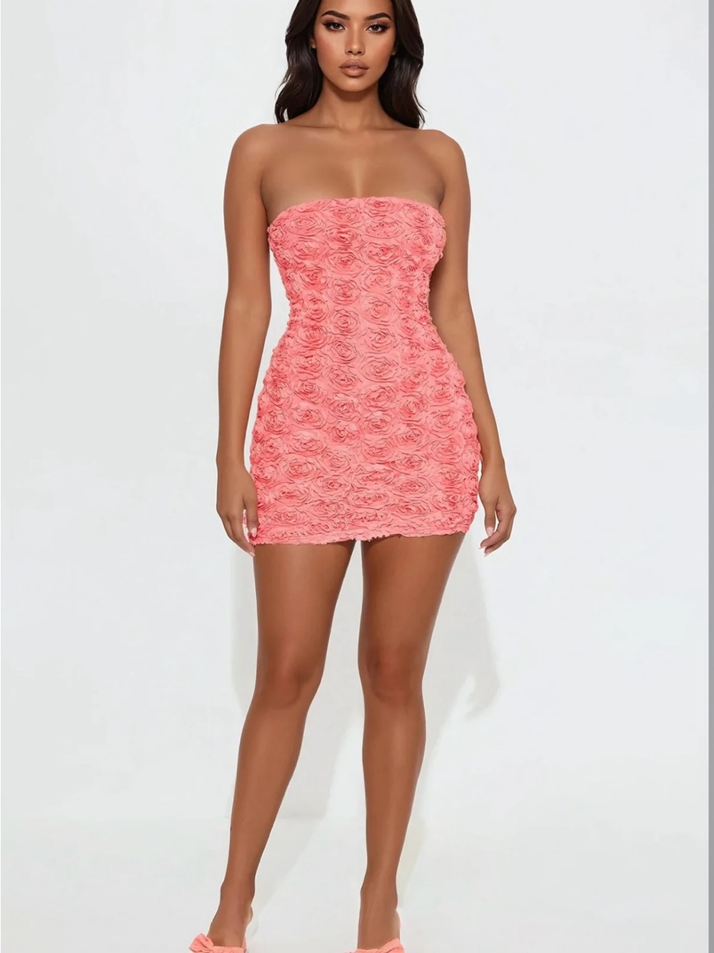 Fashion Nova Coral Pink Strapless Rosette Mini Dress